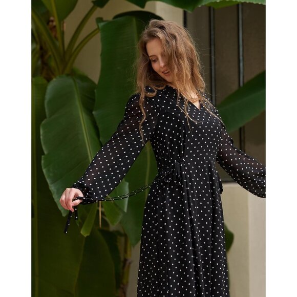 Women's Floral Chiffon Midi Dress with Tie Waist for Casual to Semi-Formal - Picture 5 of 6